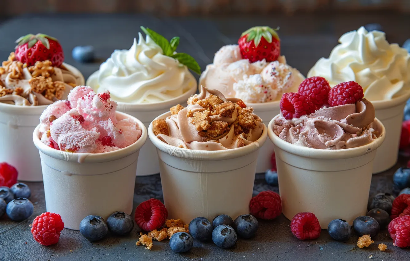 Photo wallpaper berries, raspberry, table, blueberries, strawberry, ice cream, placer, yummy