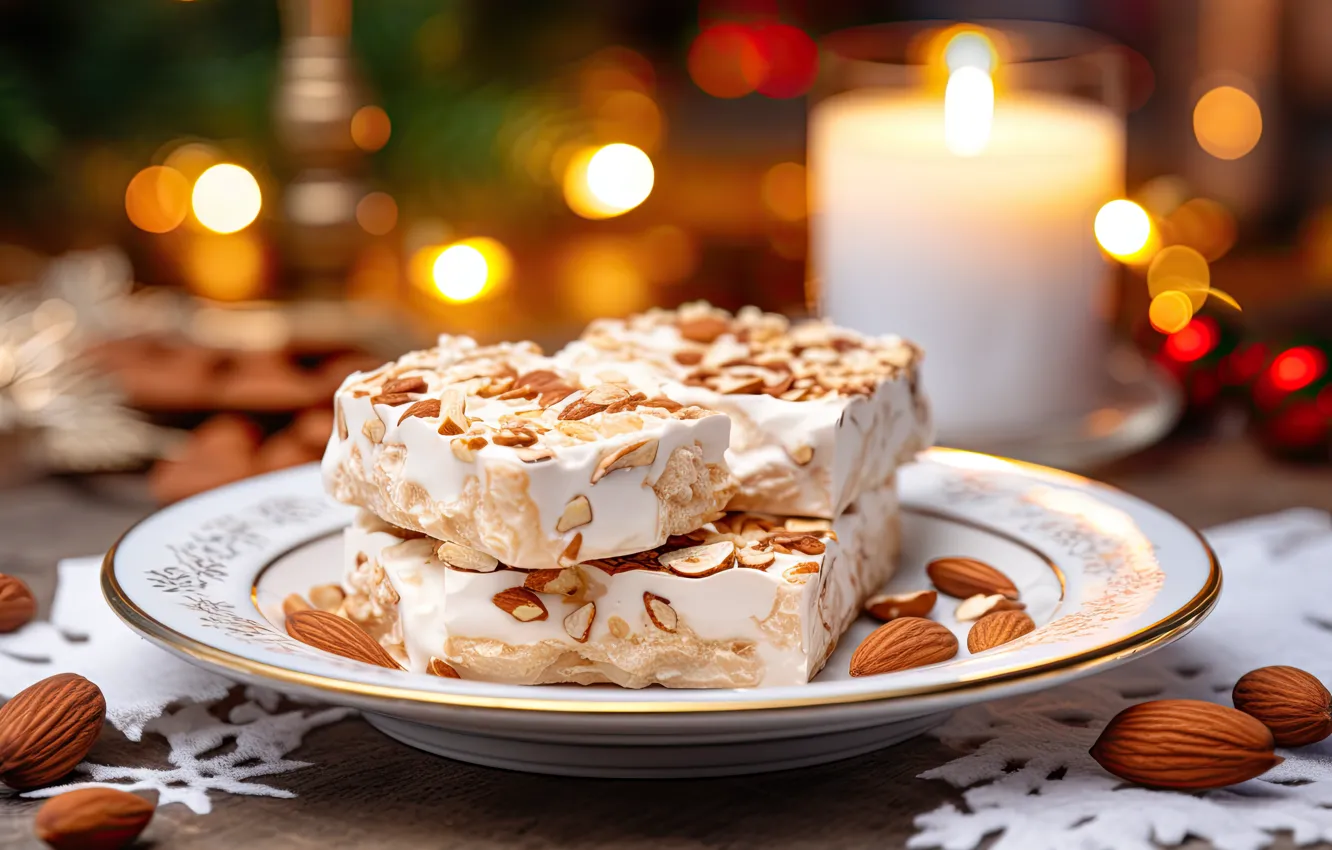 Photo wallpaper light, lights, table, new year, candles, plate, Christmas, nuts