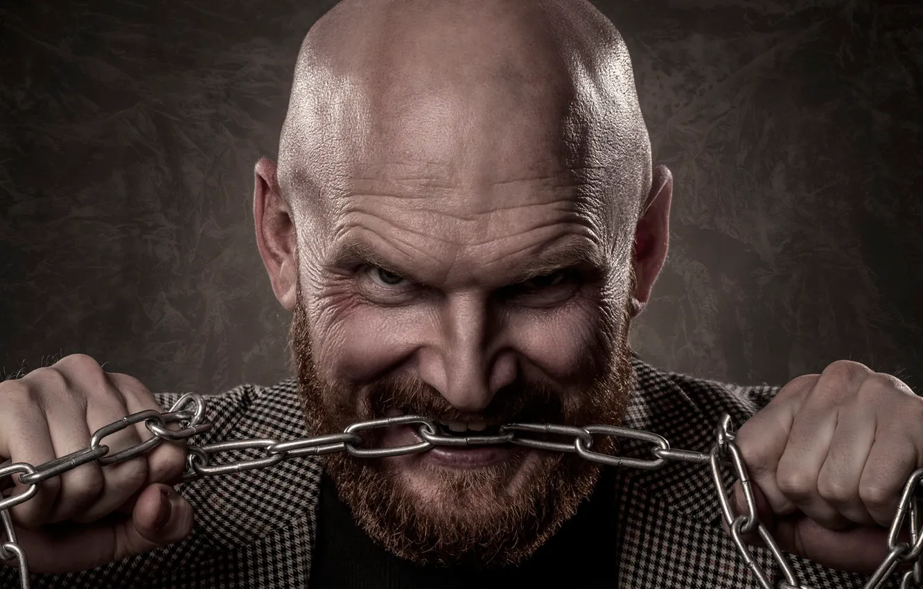 Photo wallpaper look, face, background, man, hands, chain, bald, male