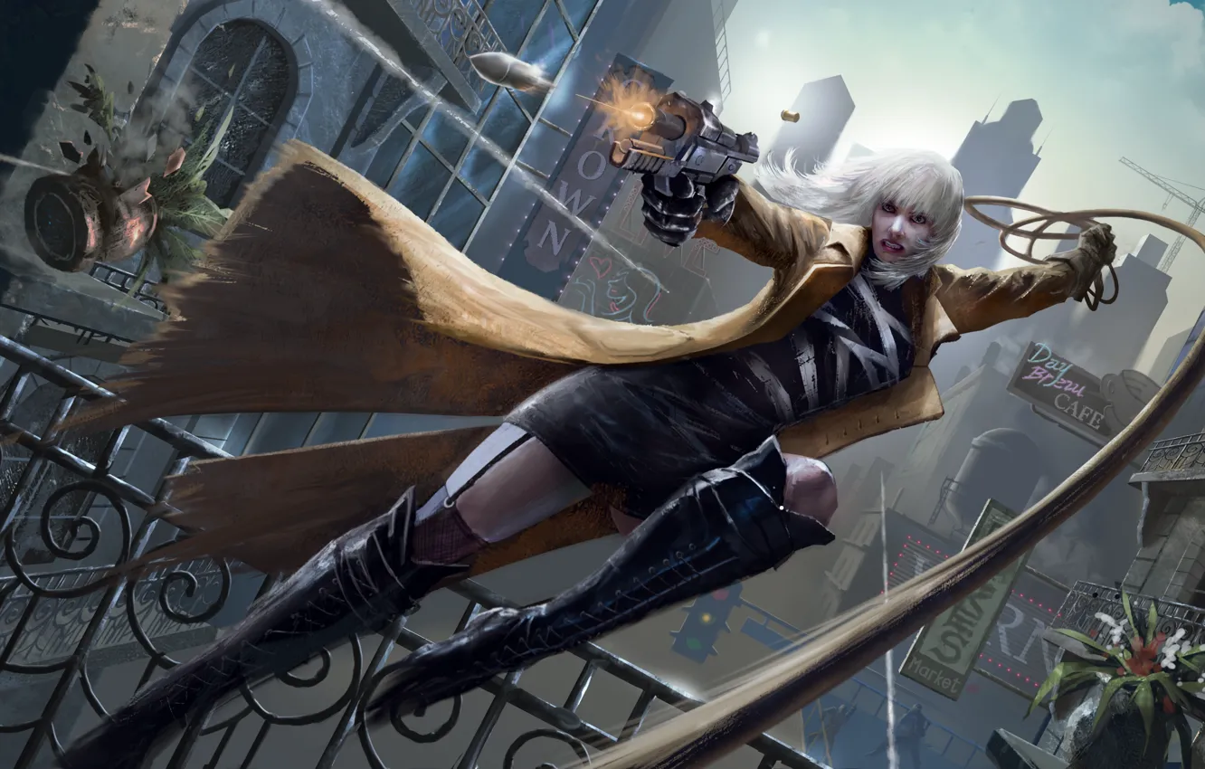 Photo wallpaper girl, Charlize Theron, rope, shot, drop, art, blonde, bullets