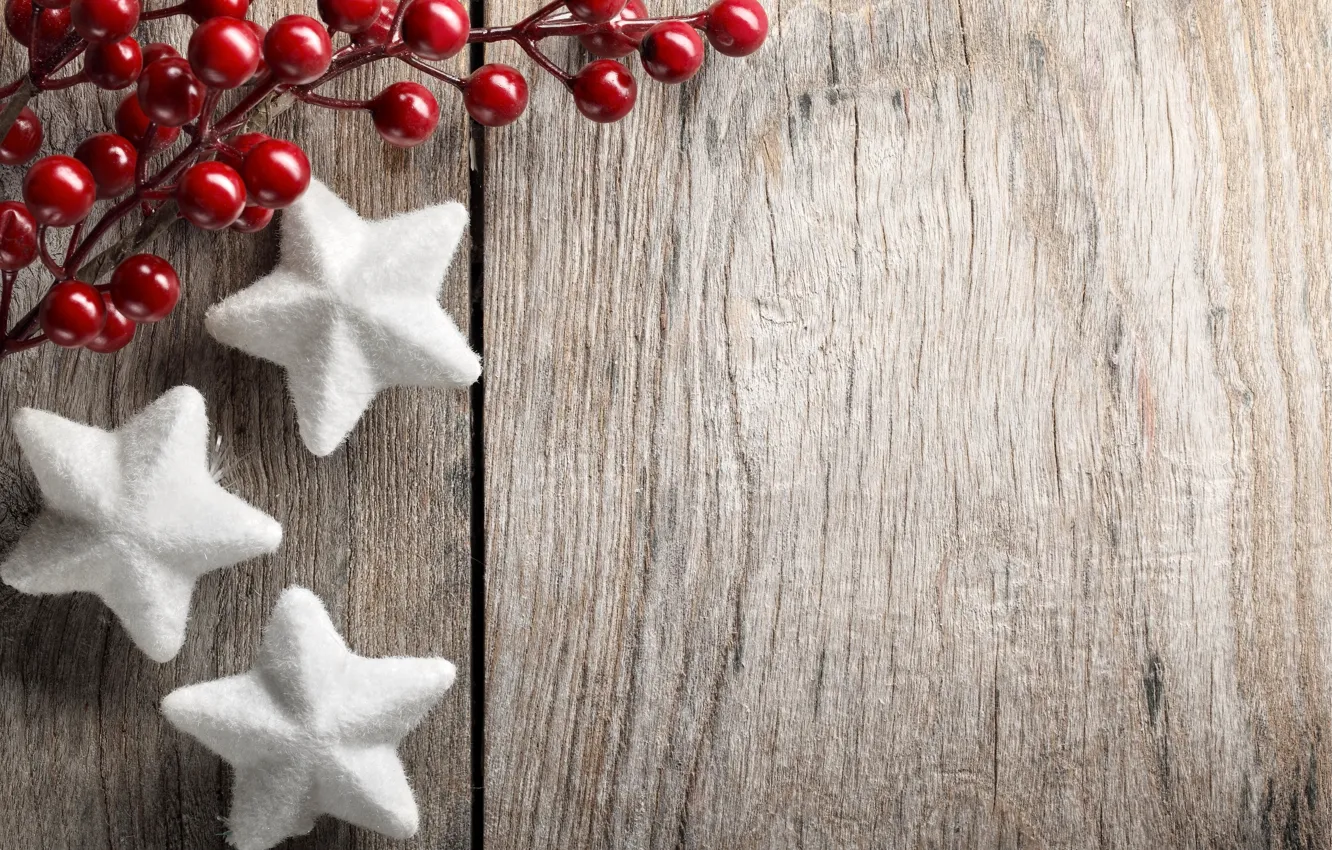 Photo wallpaper stars, decoration, berries, New Year, Christmas, Christmas, wood, decoration