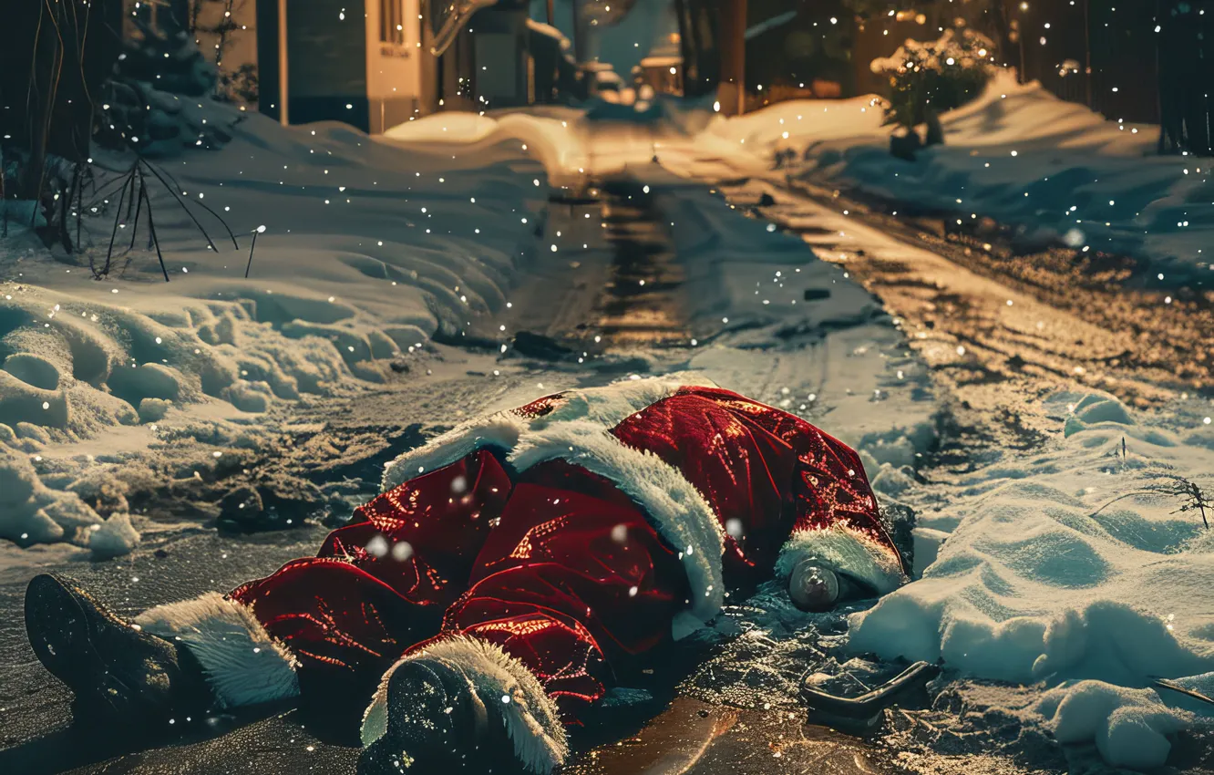Photo wallpaper road, snow, night, new year, home, dirt, Christmas, lies