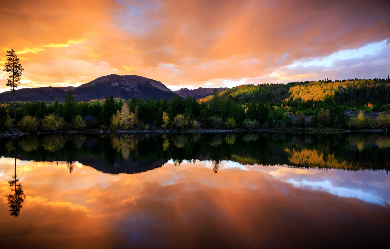 Photo wallpaper autumn, forest, the sky, clouds, trees, sunset, mountains, lake
