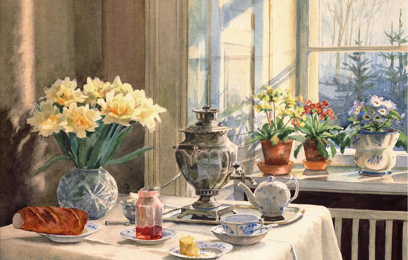Photo wallpaper flowers, table, kettle, window, vase, samovar, jam, baton