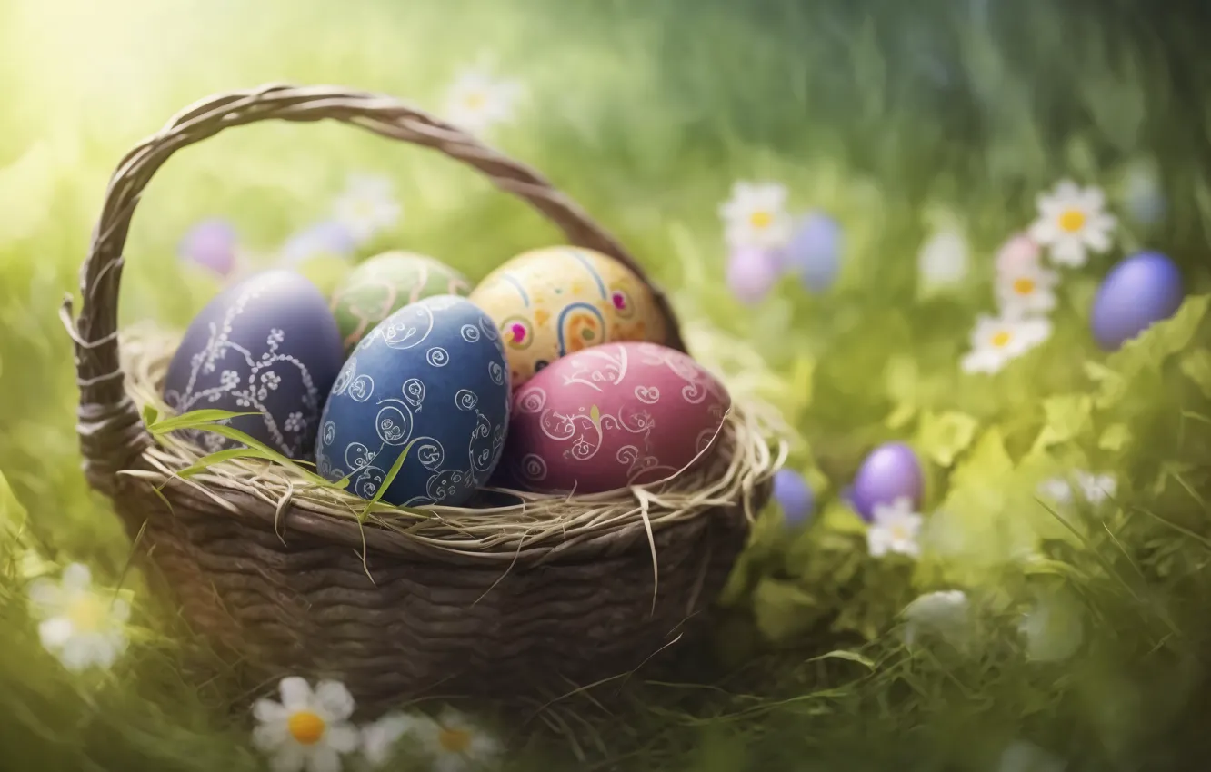 Photo wallpaper grass, flowers, eggs, blur, Easter, basket, eggs