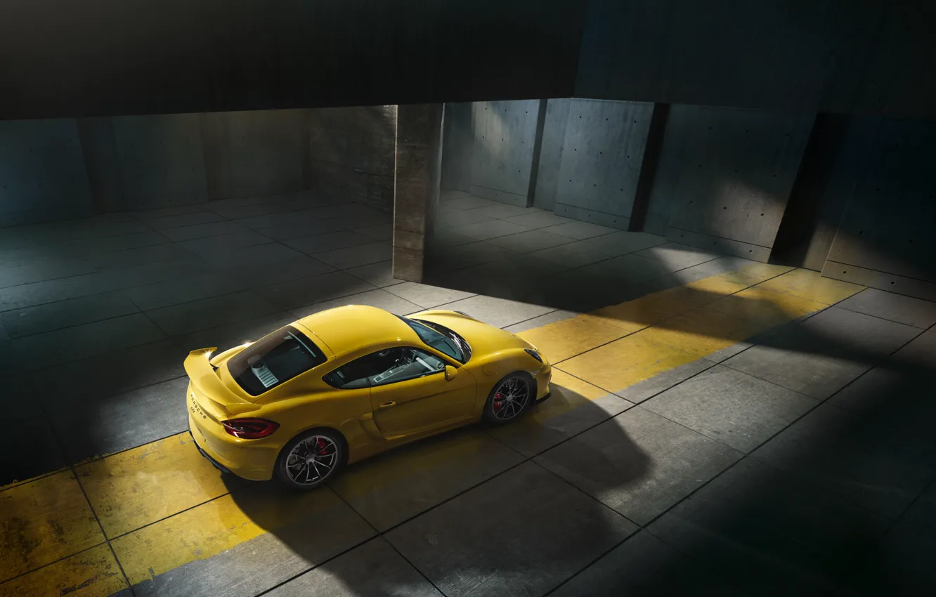 Photo wallpaper Porsche, Cayman, Yellow, Parking, Supercar, GT4, 2015, Top View