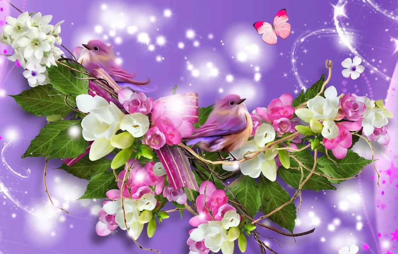 Photo wallpaper greens, leaves, light, flowers, rendering, background, fantasy, collage