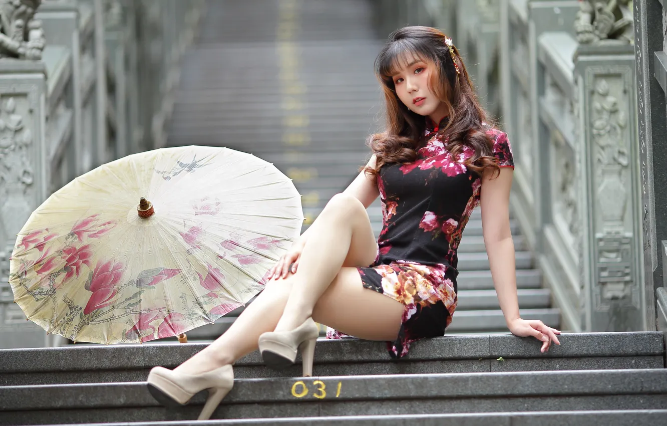 Photo wallpaper look, pose, umbrella, Asian, beautiful girl, high heel shoes, the legs, sitting on the steps