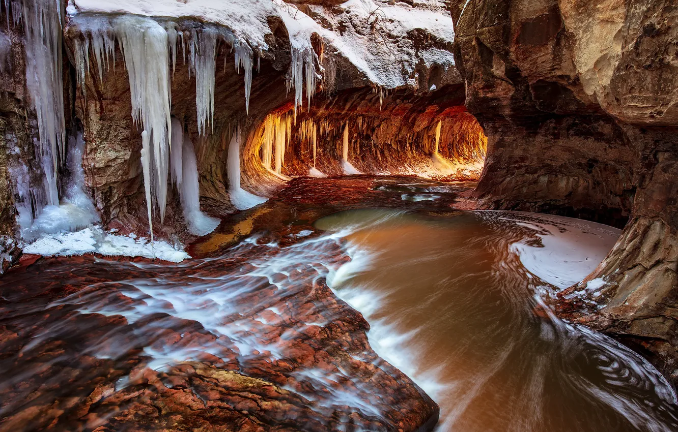 Photo wallpaper ice, water, snow, stones, rocks, icicles