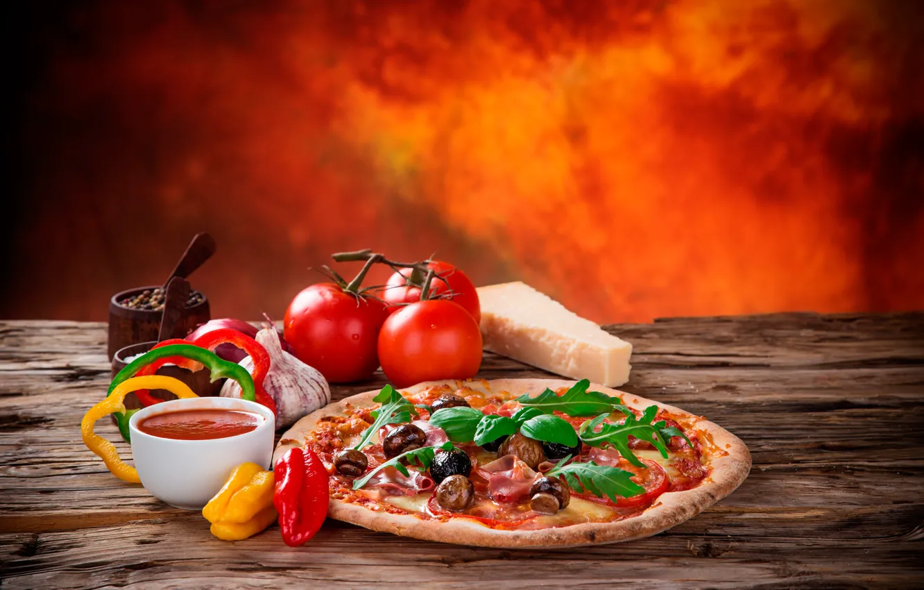 Photo wallpaper greens, table, background, mushrooms, cheese, pepper, vegetables, pizza