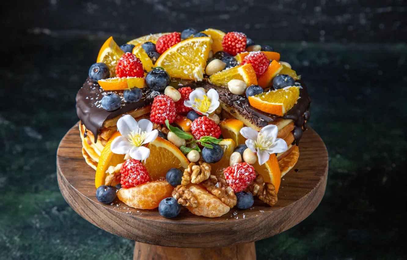 Photo wallpaper berries, background, oranges, cake, nuts, flowers