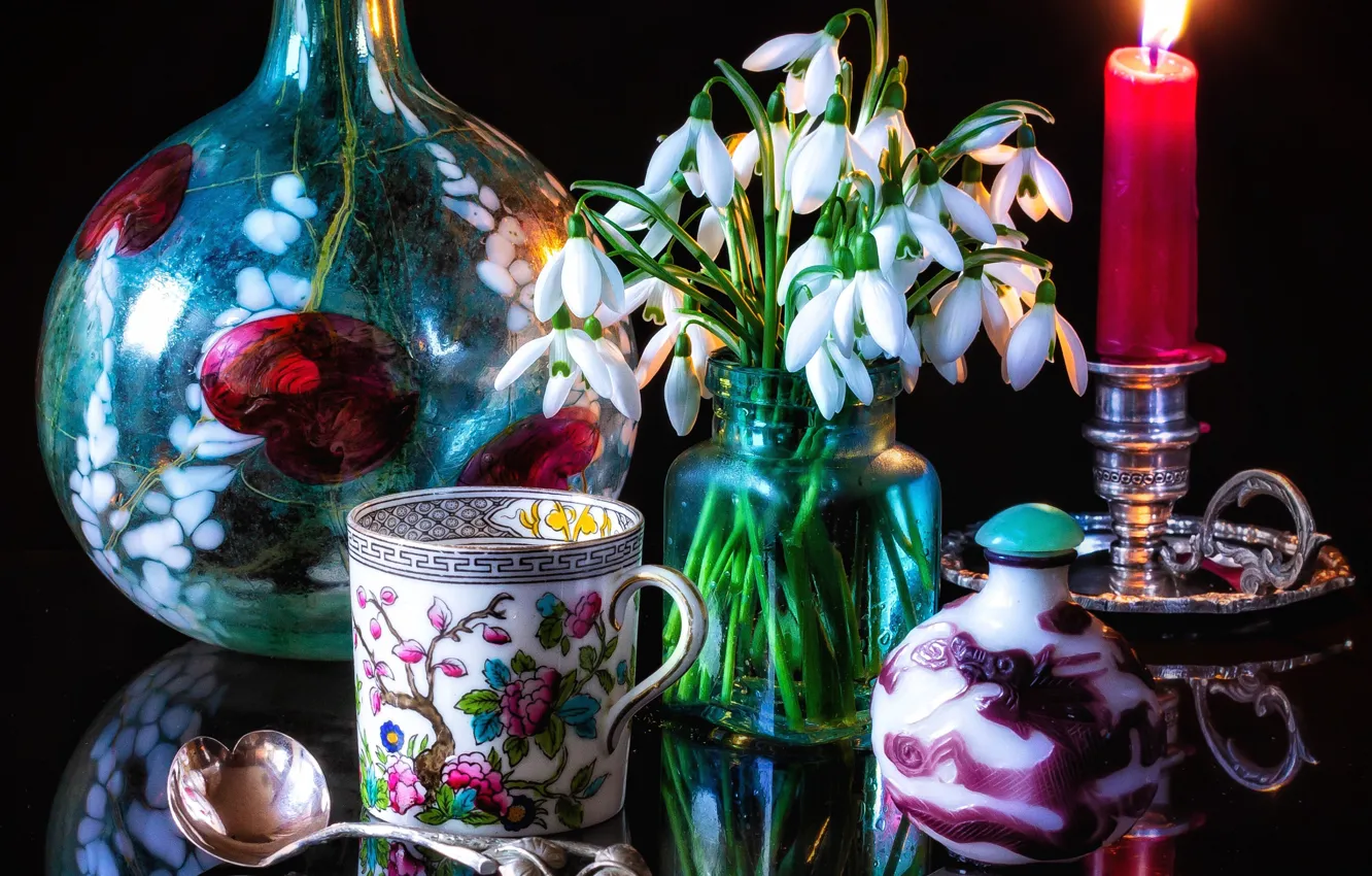 Photo wallpaper flowers, style, reflection, candles, snowdrops, spoon, mug, still life