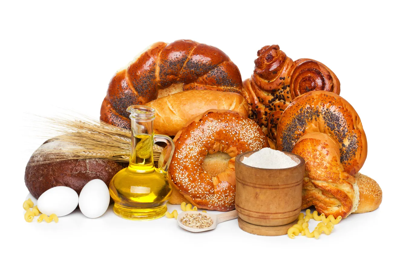 Photo wallpaper oil, eggs, spikelets, bread, white background, cakes, bun, flour