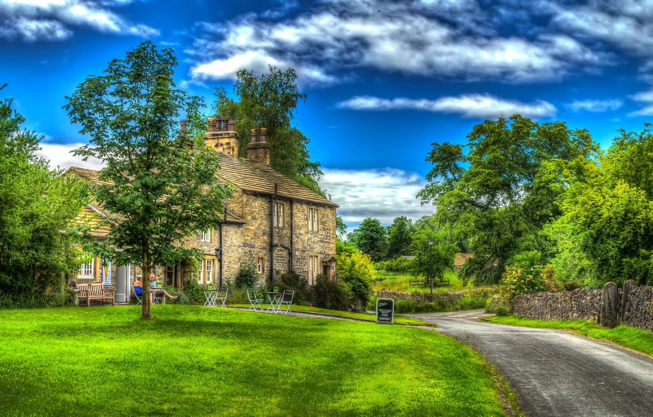 Photo wallpaper road, greens, grass, clouds, trees, bench, England, home