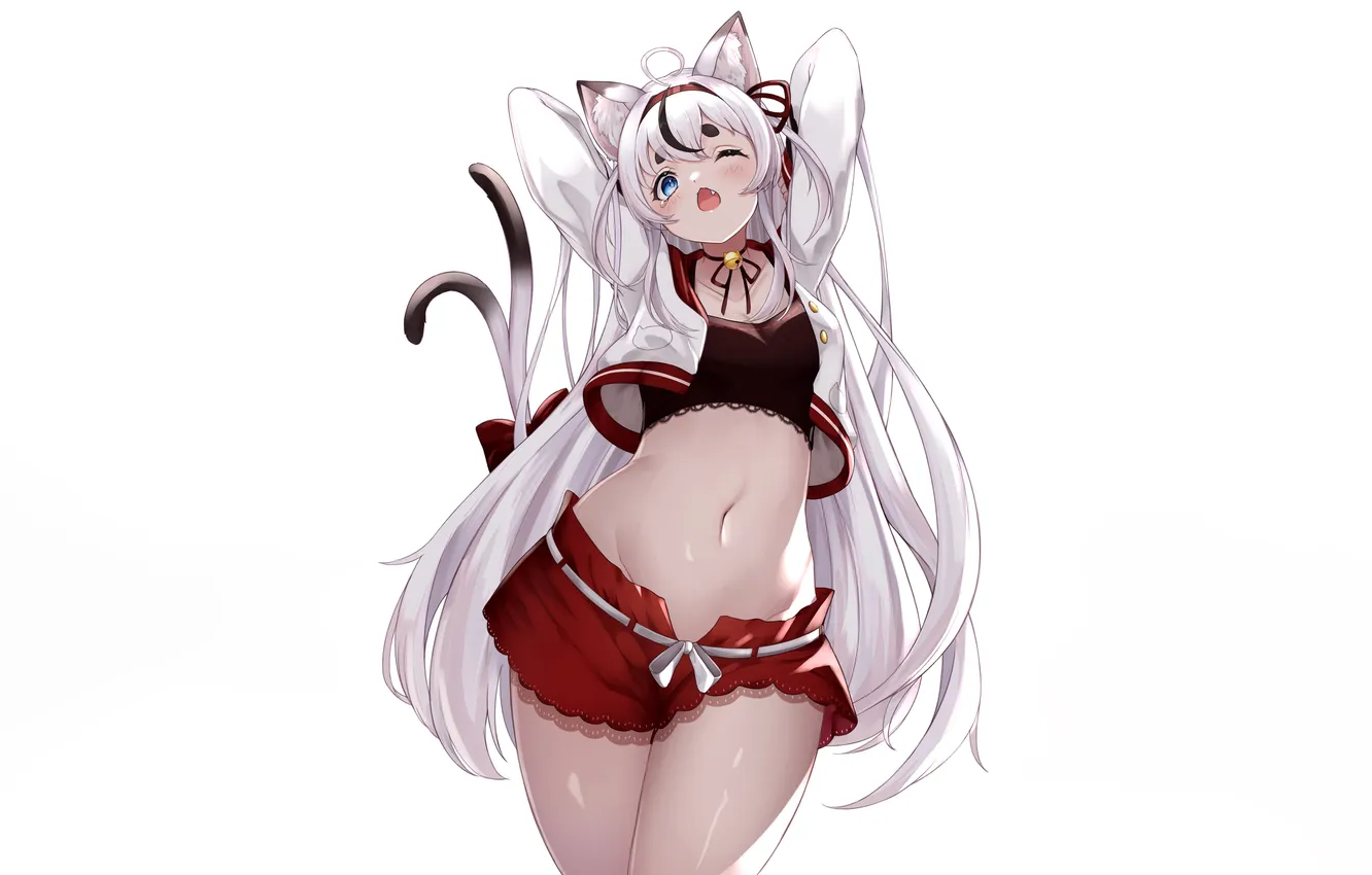 Photo wallpaper girl, sexy, shorts, blouse, long hair, animal ears, anime, blue eyes