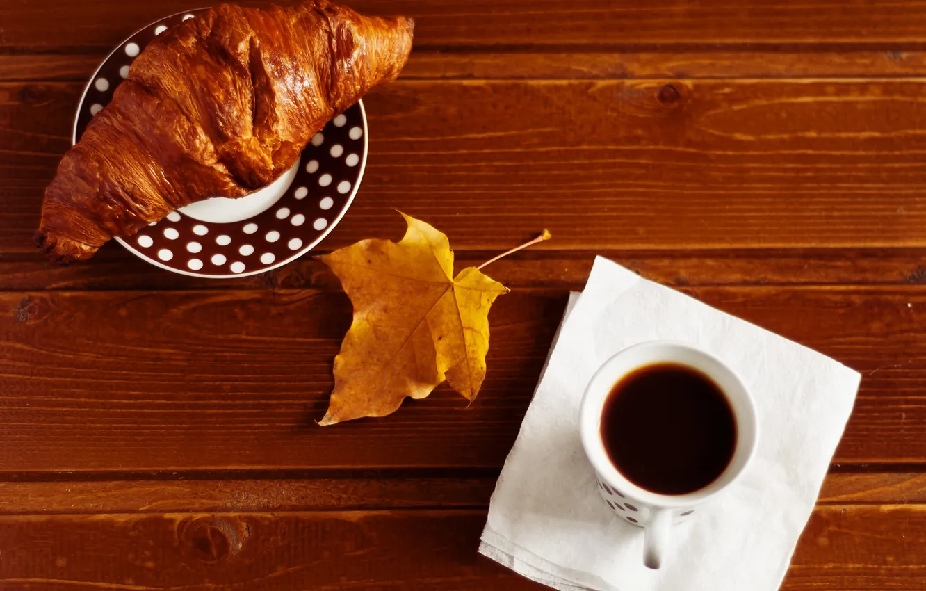 Photo wallpaper yellow, table, coffee, Cup, maple leaf, saucer, napkin, croissant