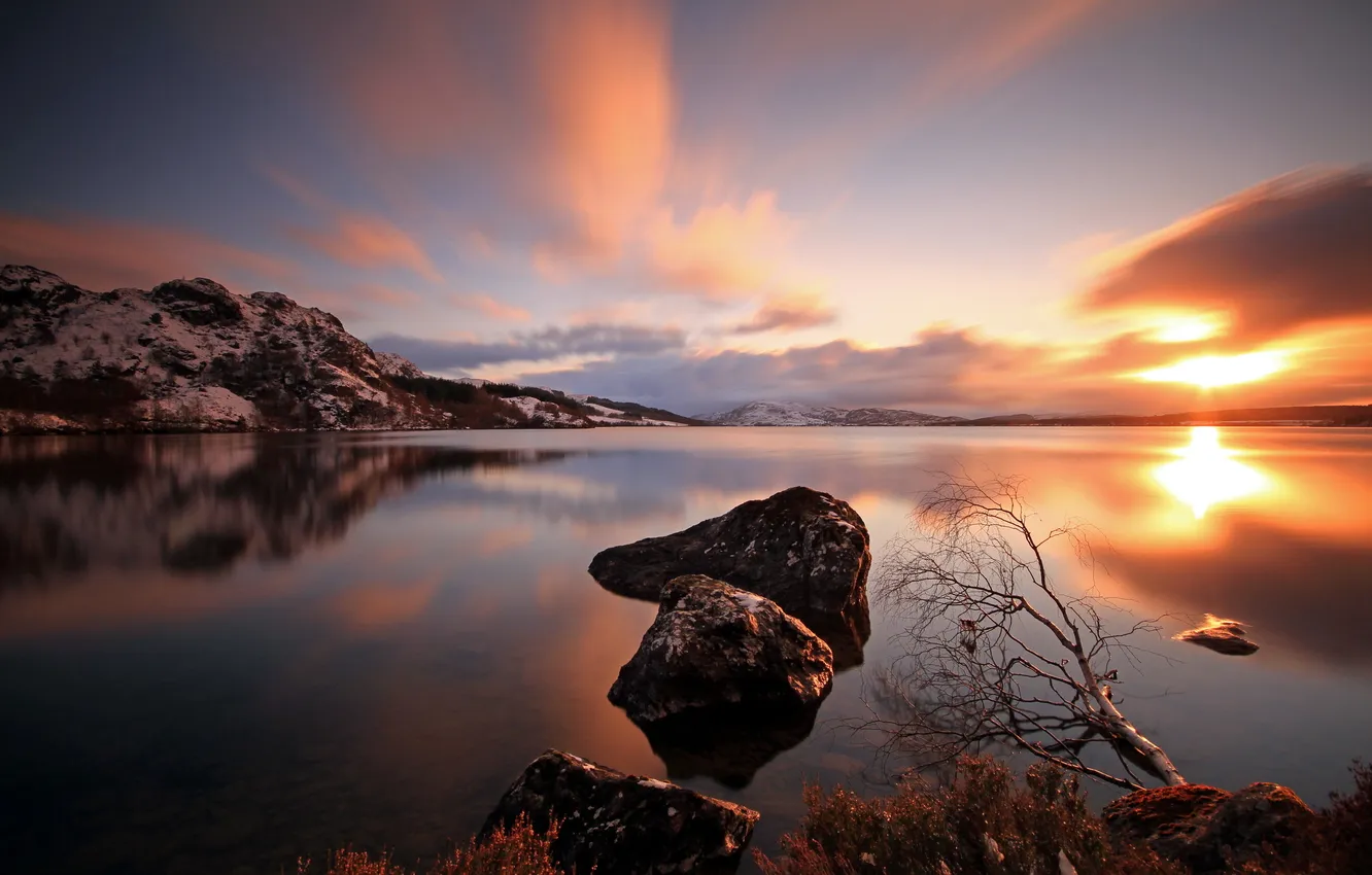 Photo wallpaper landscape, sunset, nature, lake, stones