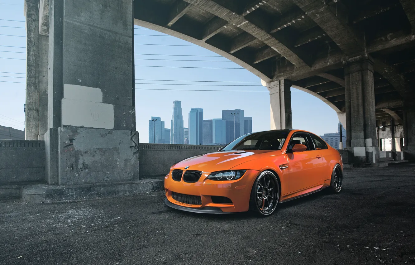 Photo wallpaper orange, bridge, bmw, BMW, support, front view, orange, e92