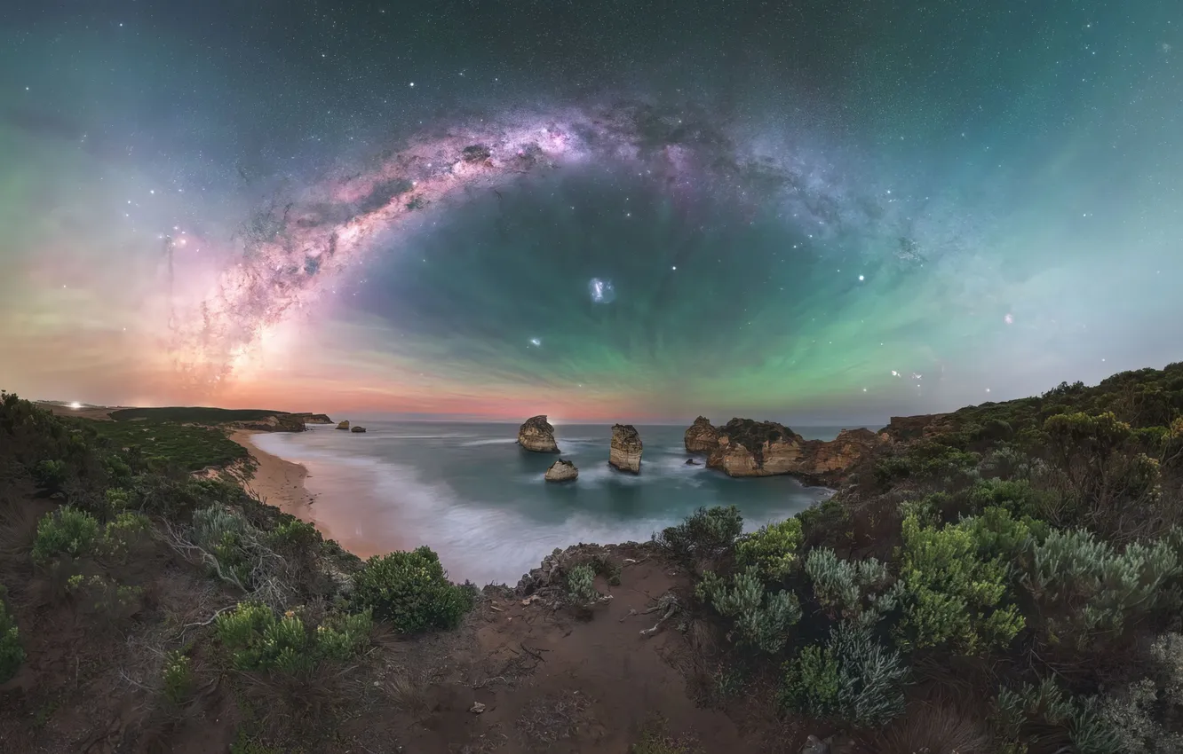 Photo wallpaper sky, sea, coast, shore, Milky Way, cliffs, long exposure, Brent Martin