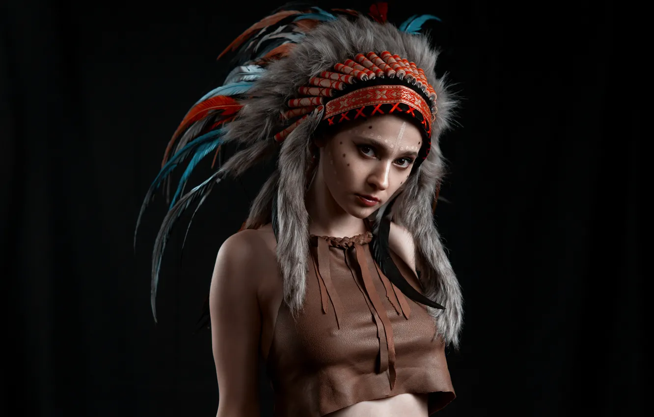 Photo wallpaper look, portrait, feathers, beauty, black background, cutie, feathers, beauty