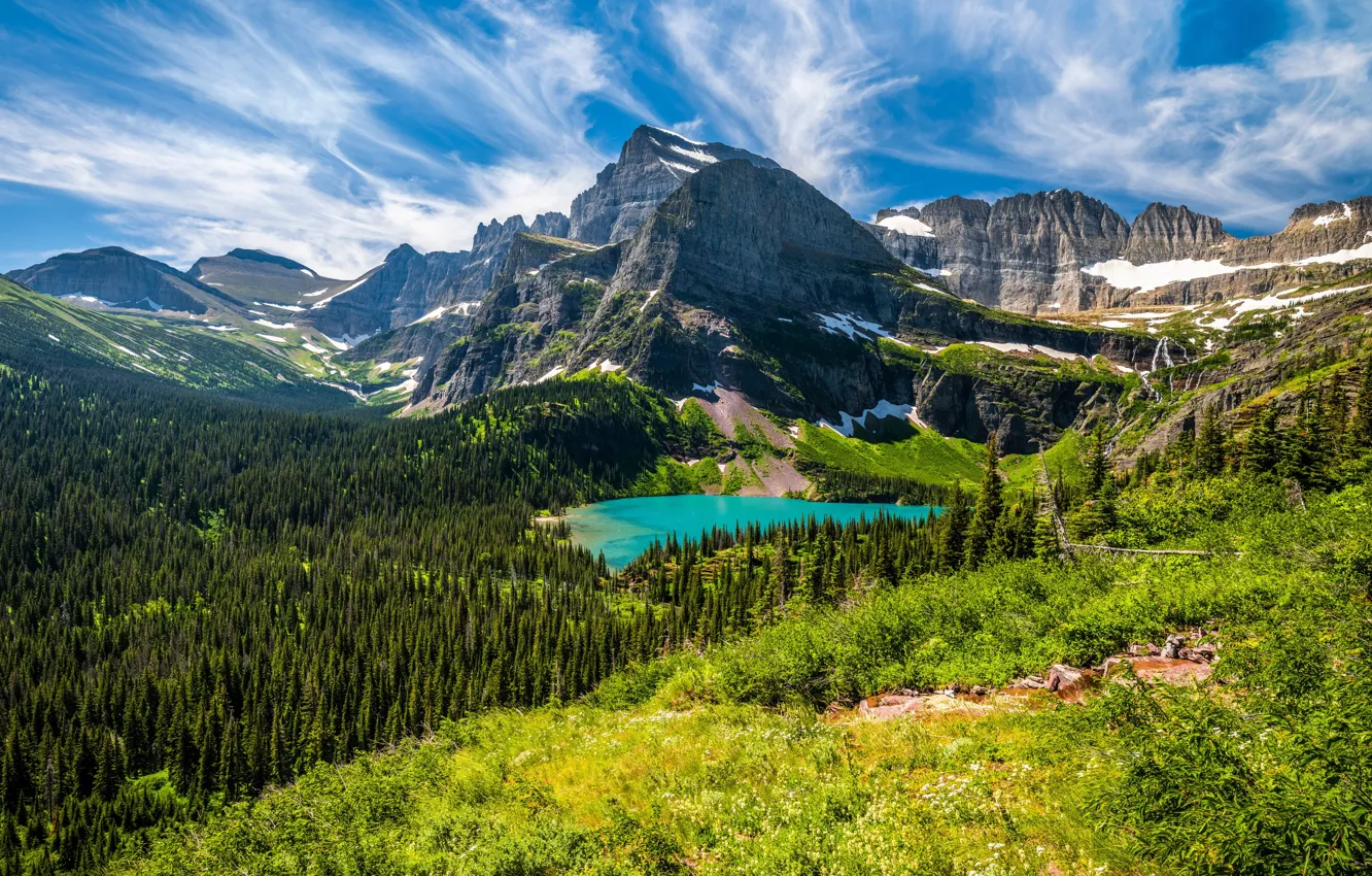 Wallpaper green, USA, forest, sky, mountains, lake, Glacier National ...