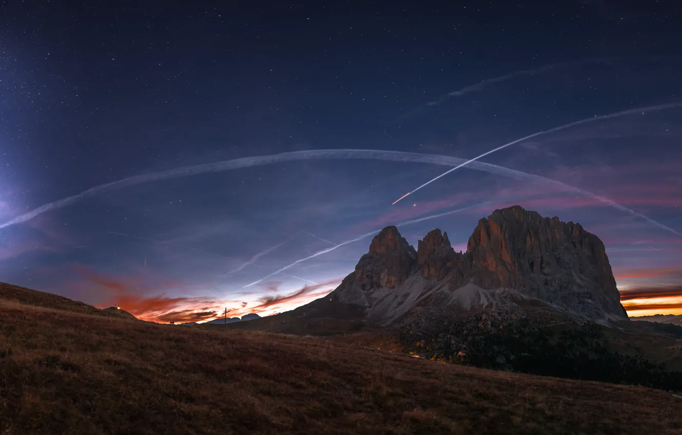 Photo wallpaper autumn, forest, mountains, night, tops, slope, Alps, panorama