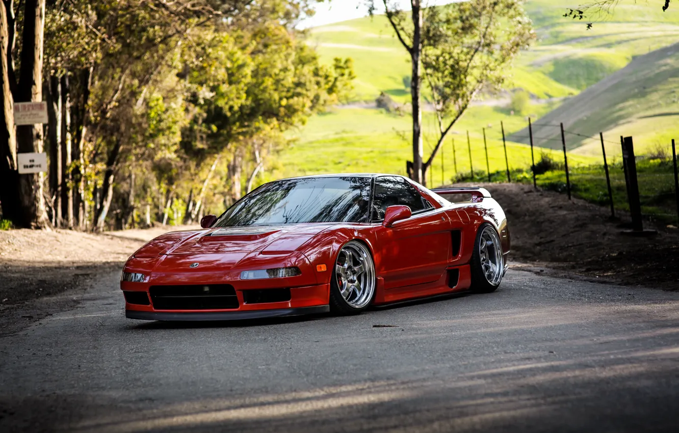 Photo wallpaper Red, Honda, Side, Road, Acura, NSX, Forest, Honda NSX