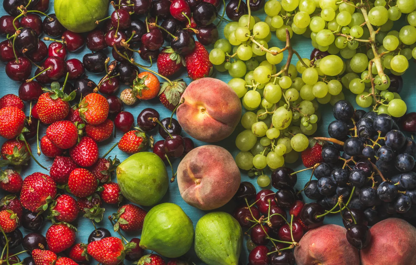 Photo wallpaper cherry, strawberry, berry, grapes, fruit, peaches