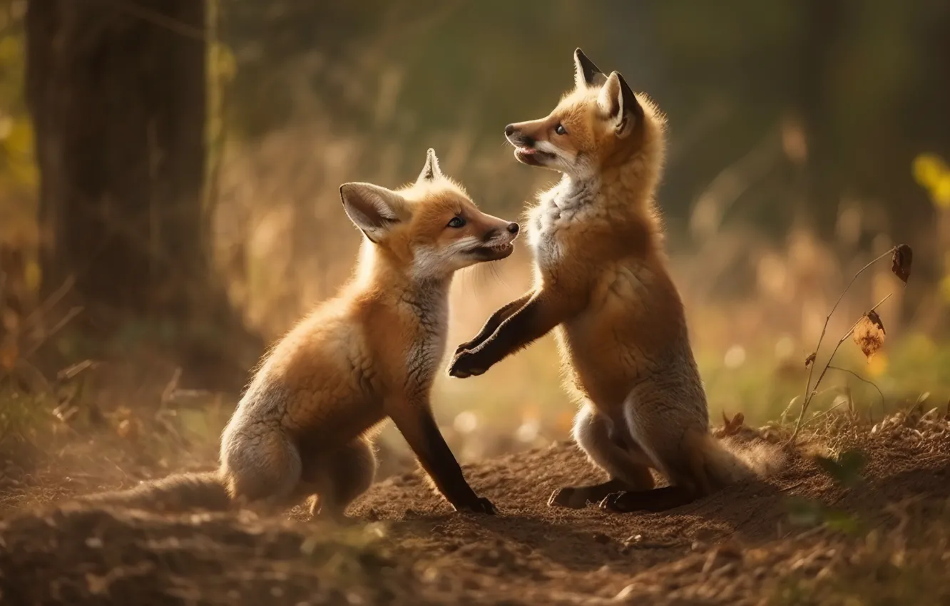 Photo wallpaper forest, Fox, a couple, Fox, digital art, two Fox, AI art, The Art of Artificial …