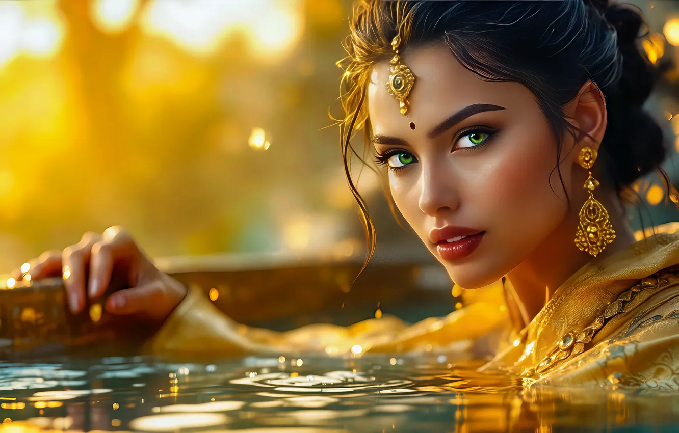 Photo wallpaper look, water, girl, the sun, light, decoration, portrait, earrings