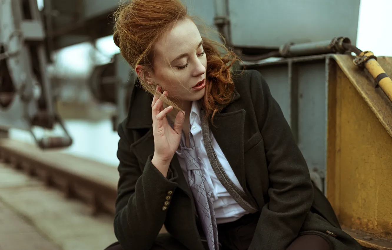 Photo wallpaper pose, style, model, hands, tie, red, redhead, coat