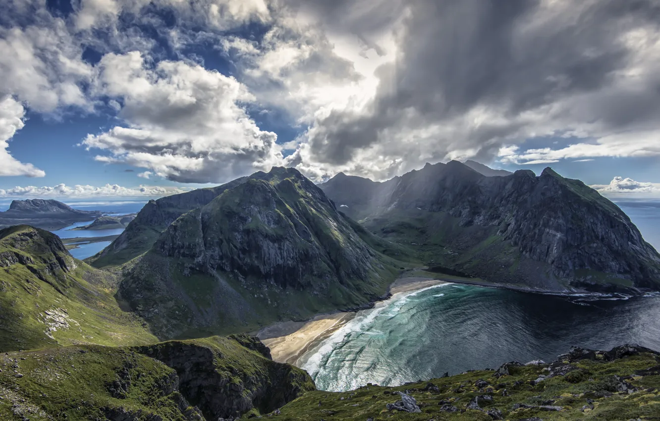 Photo wallpaper sea, the sky, clouds, mountains, Norway, Norway, Kvalvika