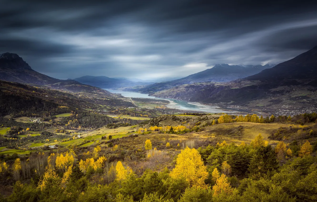 Photo wallpaper autumn, forest, trees, mountains, nature, river