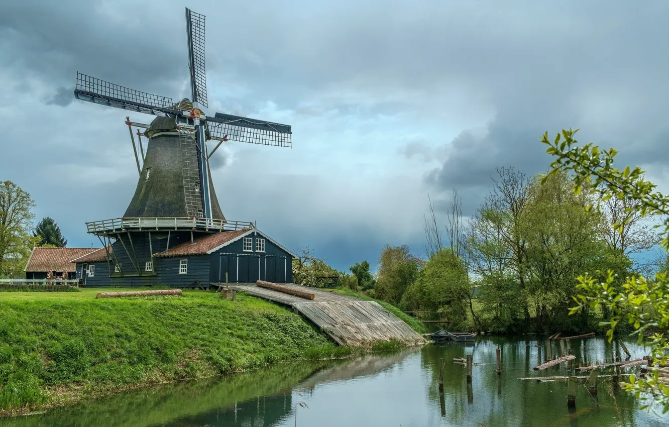 Photo wallpaper greens, the sky, trees, river, mill