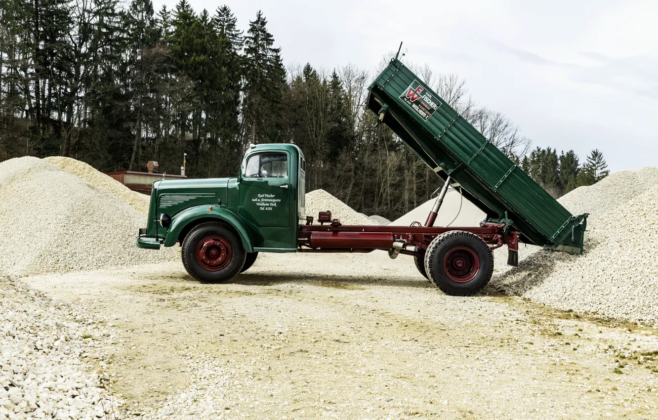 Photo wallpaper Mercedes-Benz, green, side view, body, dump truck, bonnet, biaxial, L-series