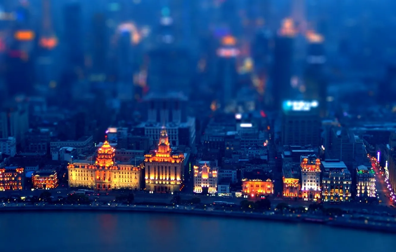 Photo wallpaper Home, Lights, Night, The city, Street, Movement, Building, Tilt-Shift