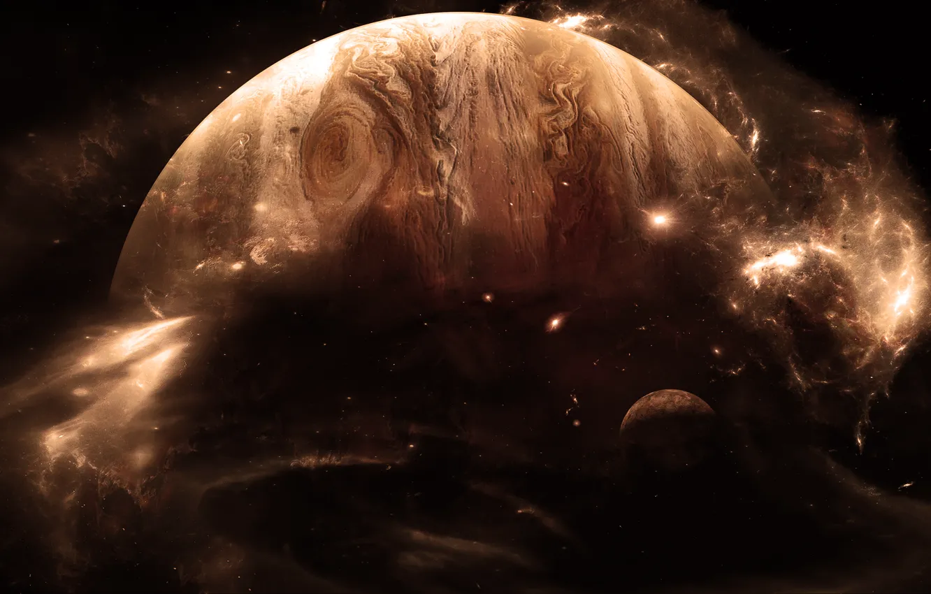Photo wallpaper stars, light, planet, satellite, gas giant
