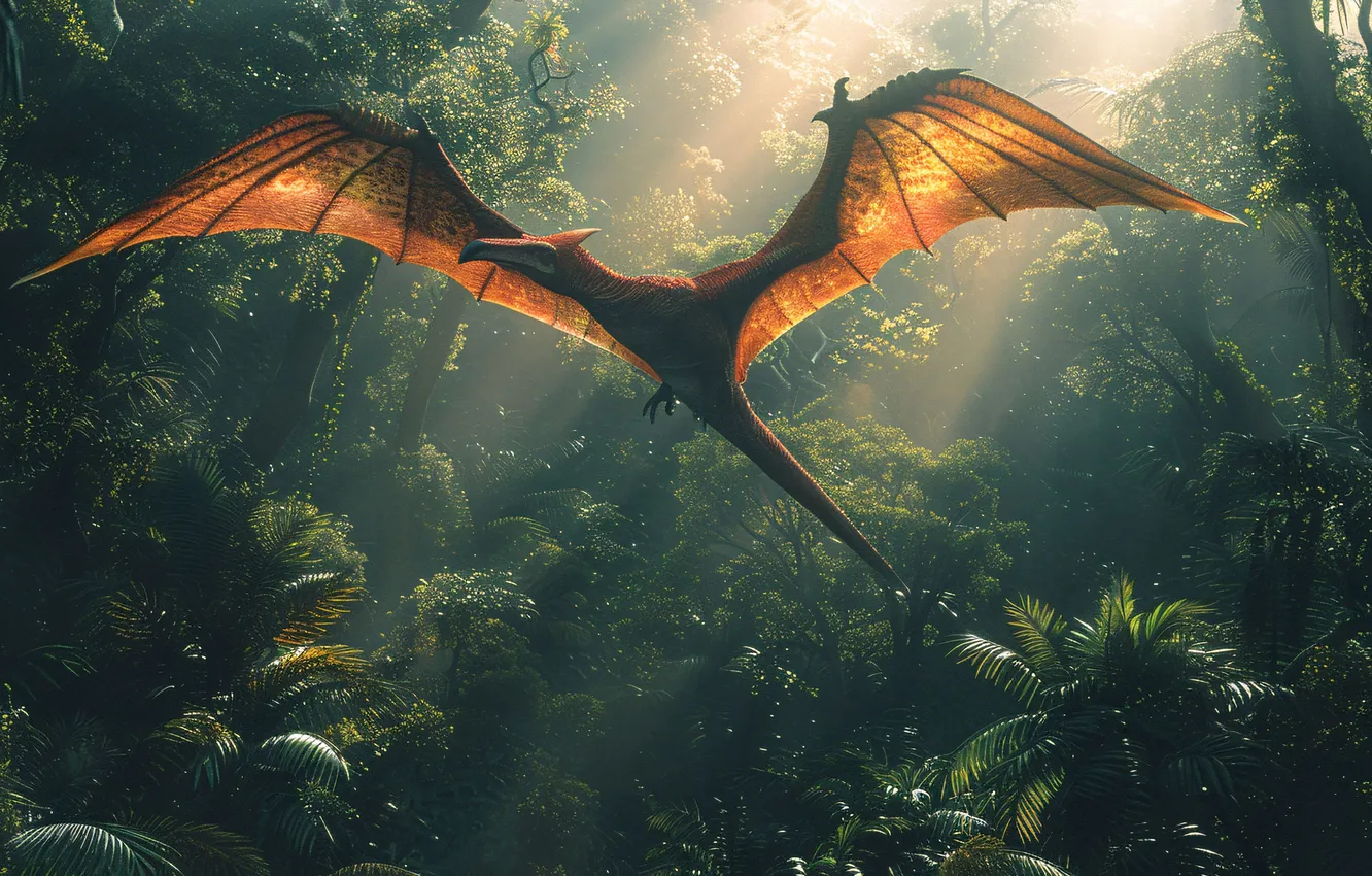 Photo wallpaper flight, animal, wings, dinosaur, jungle, the rays of the sun, pterodactyl, digital art