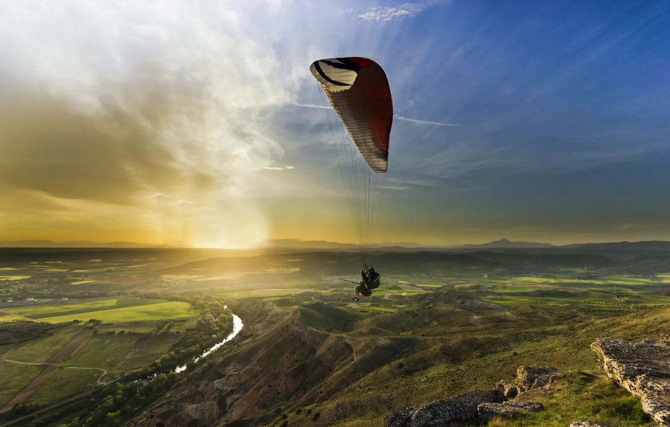 Photo wallpaper landscape, sunset, sport, paragliding, paragliding