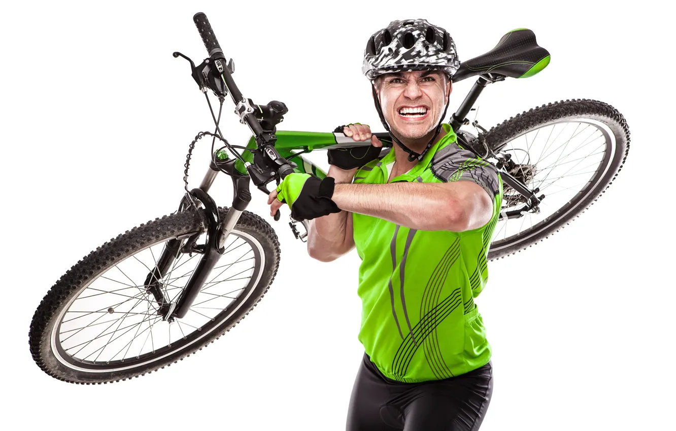 Photo wallpaper look, bike, face, pose, rage, t-shirt, white background, gloves