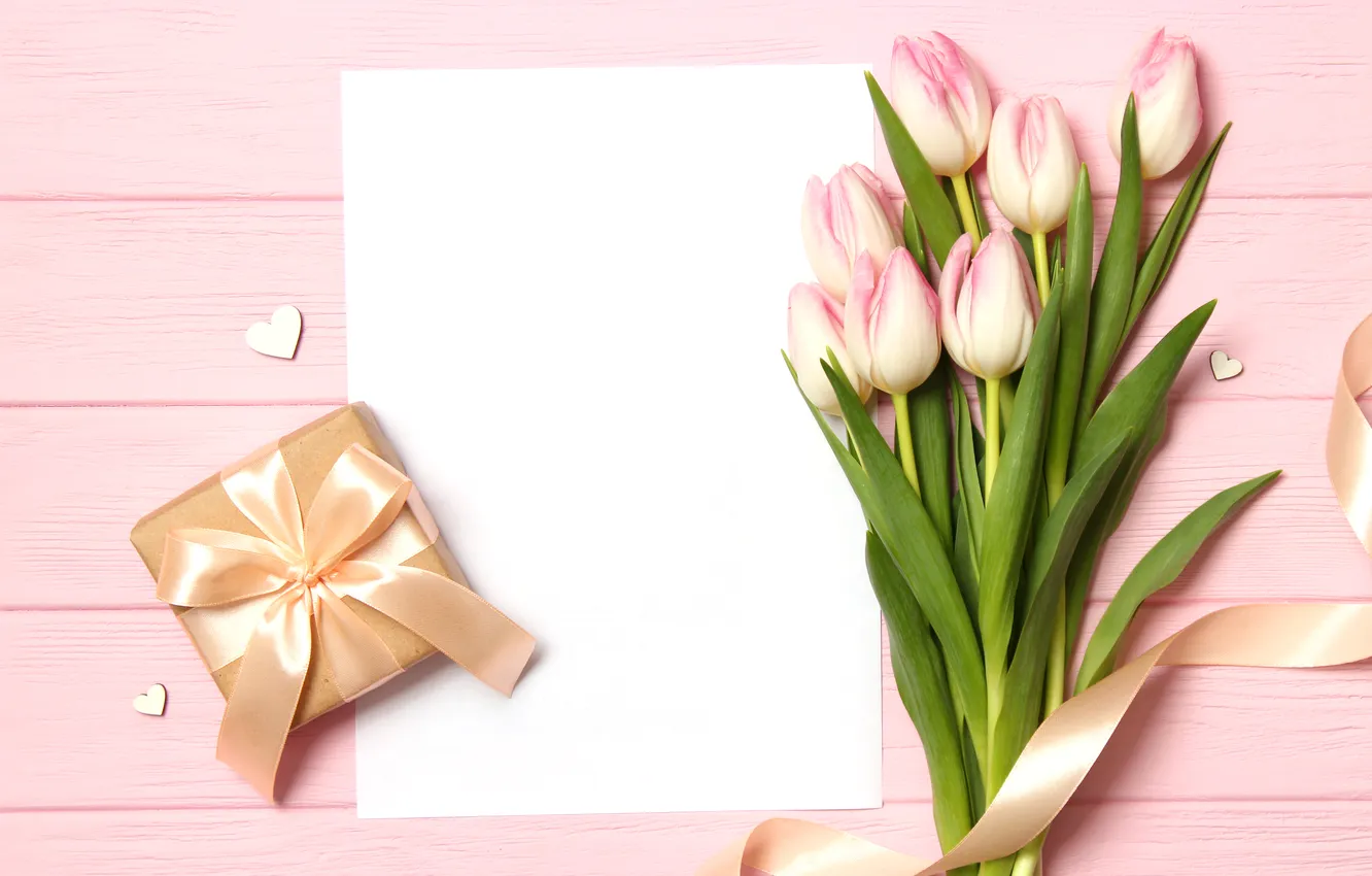 Photo wallpaper flowers, gift, bouquet, tulips, pink, heart, wood, pink
