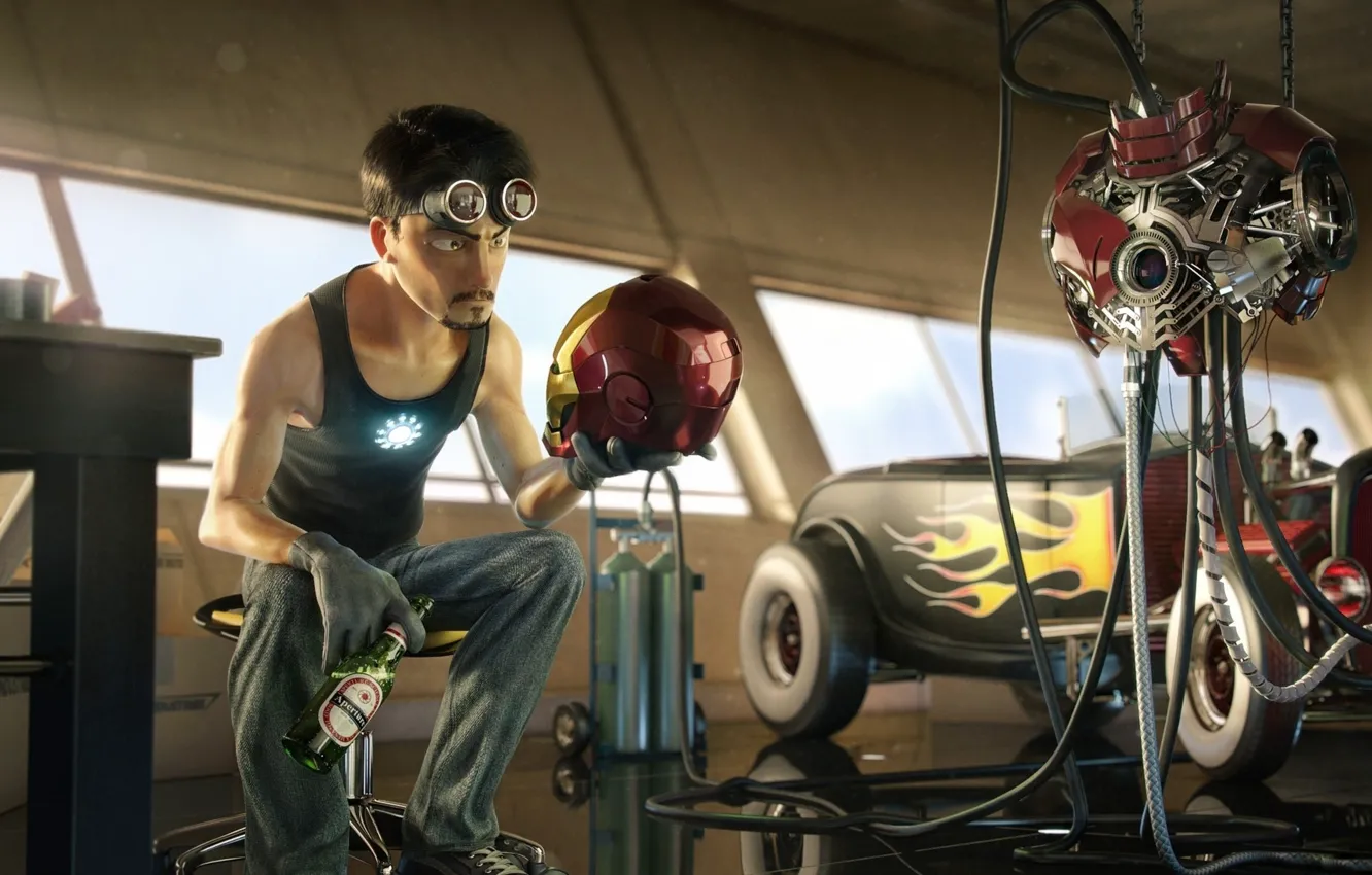 Photo wallpaper machine, beer, glasses, iron man, Tony Stark