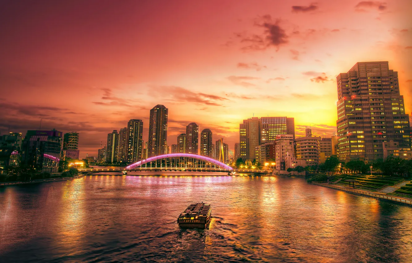 Photo wallpaper sunset, bridge, the city, lights, river, home, the evening