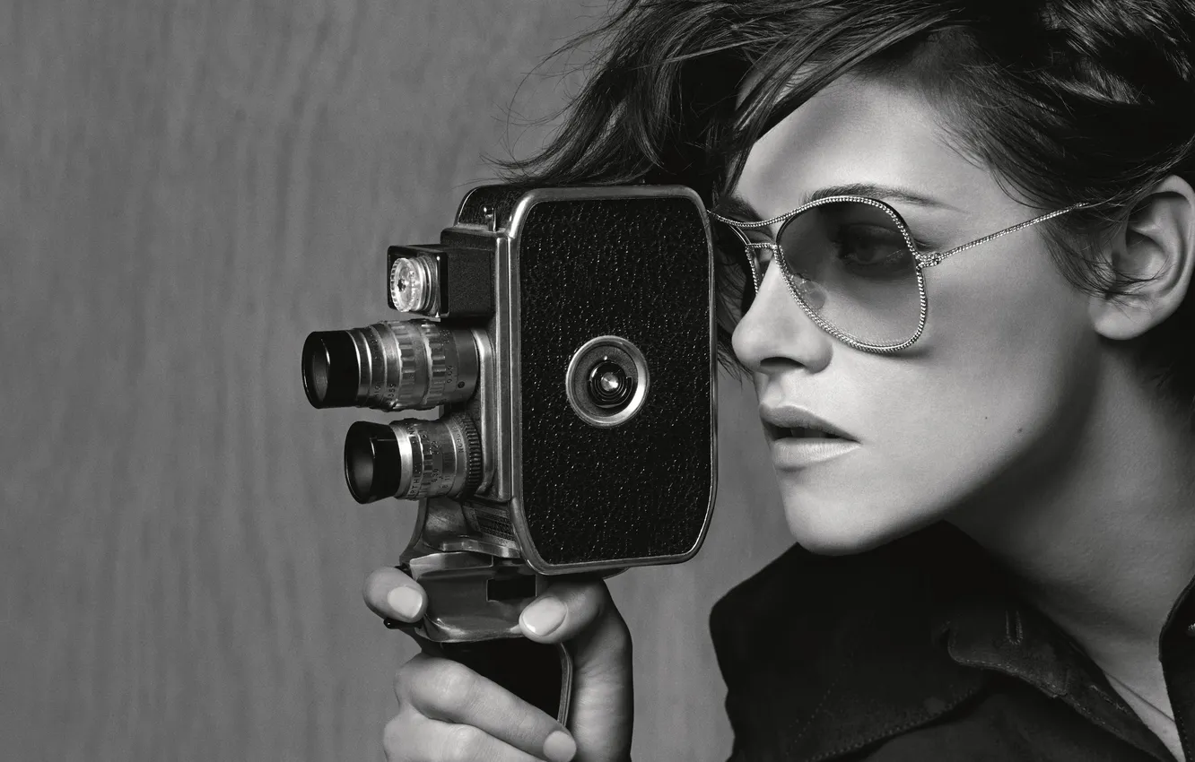 Photo wallpaper girl, face, camera, actress, glasses, black and white, Kristen Stewart