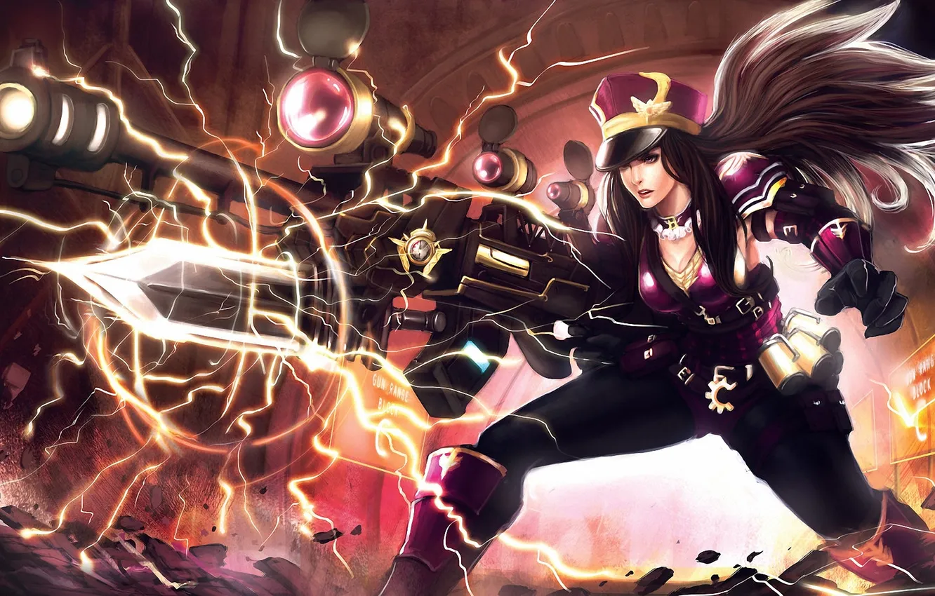 Photo wallpaper girl, weapons, lightning, sight, rifle, League of Legends, Caitlyn, LoL