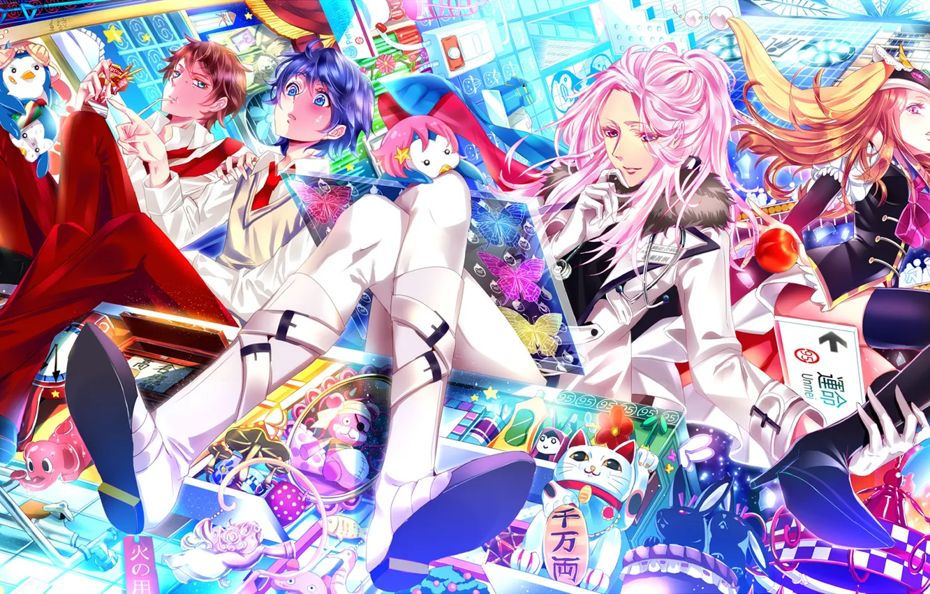 Photo wallpaper girl, butterfly, penguins, guy, Mawaru Penguindrum, Takakura Himari, Princess of the Crystal, Watase Sanetoshi