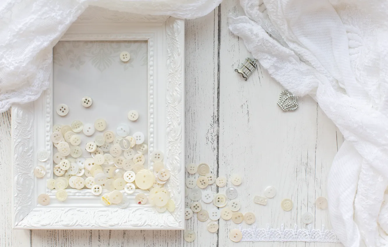 Photo wallpaper white, frame, fabric, buttons