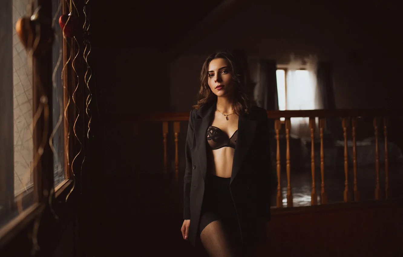 Photo wallpaper girl, model, women, window, brunette, Blazer, black bra, makeup