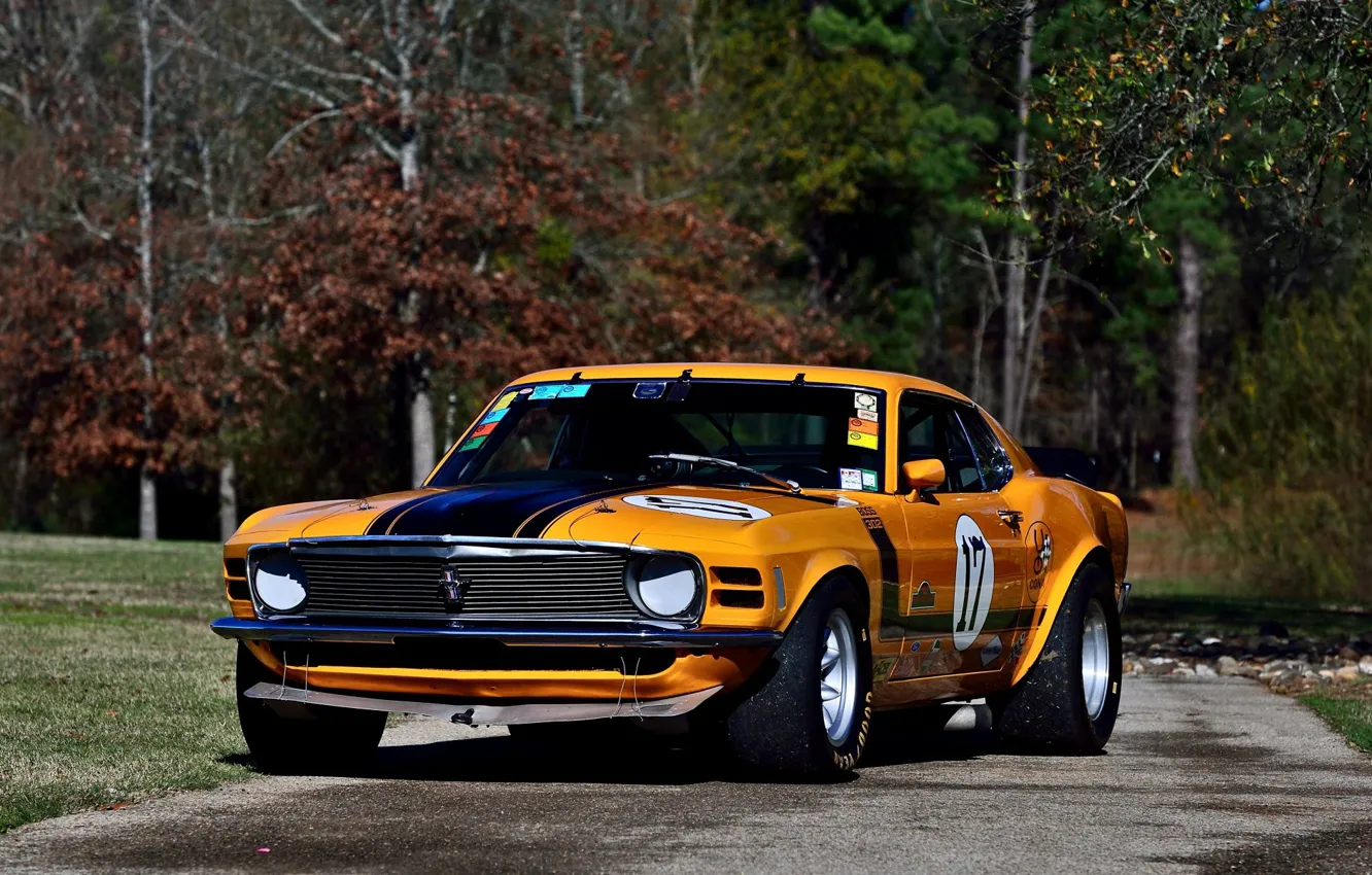 Photo wallpaper Boss 302, Ford Mustang, yellow, 1970, race car