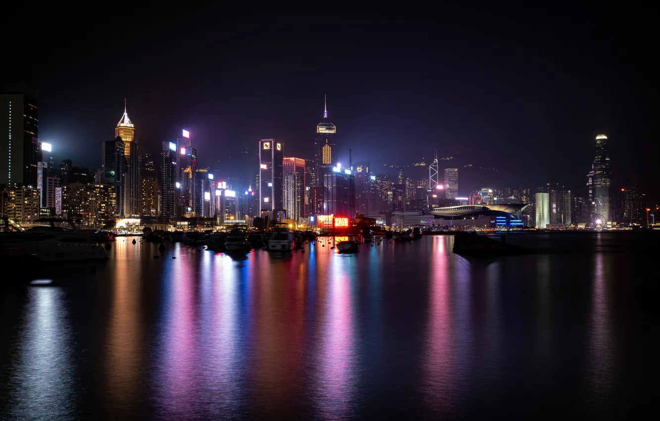 Photo wallpaper Hong Kong, night city lights, China Sea
